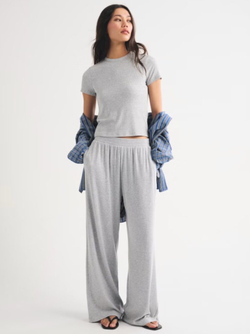 Abercrombie Light Gray Lounge Brushed Wide Leg Sweatpant L Long - Picture 1 of 7